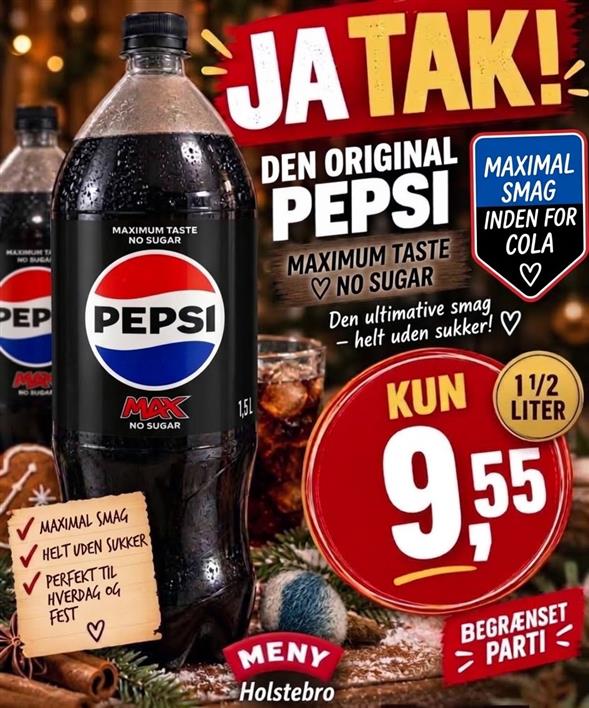 1,5 L. Pepsi max AFHENTNING FREDAG KL 8-18 PÅ VORES SODAVANDSLAGER TIL HØJRE VED ØL OG VAND KØLEREN