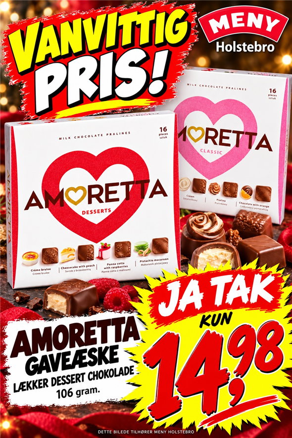 AMORETTA GAVEÆSKER – LÆKKER DESSERTCHOKOLADE AFHENTNING LØRDAG OG SØNDAG KL 8-18 PÅ TORVET OVERFOR MÆLKEKØLEREN