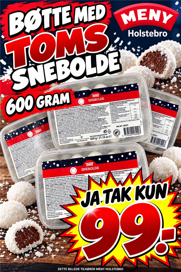 STOR BØTTE TOMS SNEBOLDE AFHENTNING MANDAG OG TIRSDAG KL 8-18 PÅ TORVET OVERFOR BRØDAFDELINGEN
