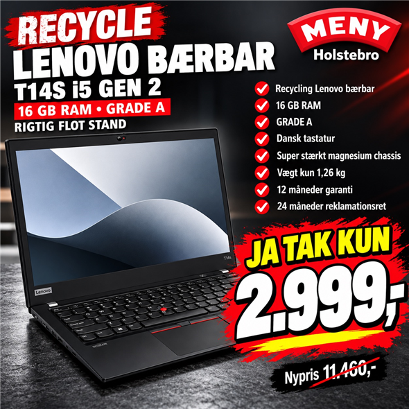RECYCLE LENOVO BÆRBAR - T14S i5 GEN 2, 16 GB RAM, GRADE A AFHENTNING FREDAG KL 8-18 I BAGERAFDELINGEN