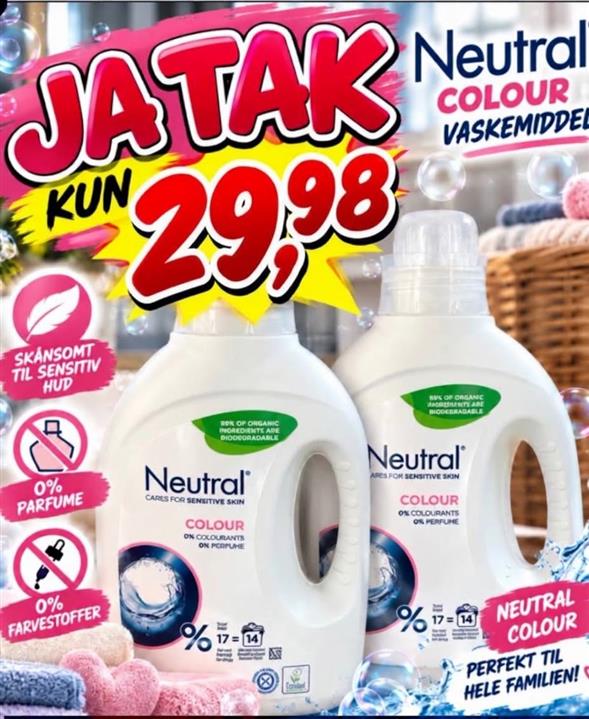 Neutral color VASKEMIDDEL afhent mandag-tirsdag kl. 8-18 AFHENTES I afdeling ved vask og rengøring hvorefter beskeden vises ved kassen