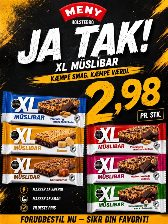NORDTHY XL MÜSLIBAR AFH MANDAG KL 8-21 FORAN MÆLKEKØLEREN
