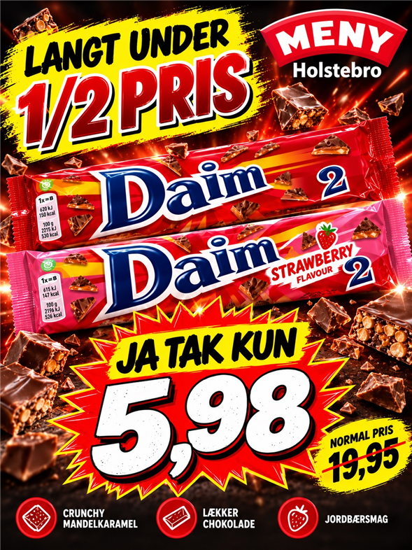 Dobbelt DAIM Afhentning tirsdag og onsdag kl 8-21 på torvet overfor bagerafdelingen