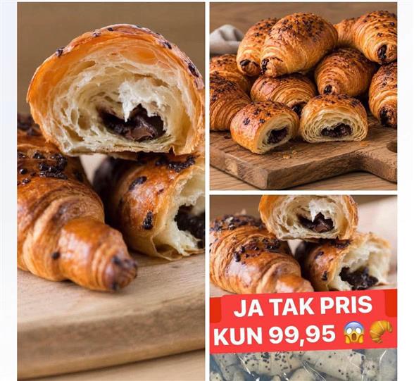 Chokolade croissanter i pose afhent mandag-tirsdag kl. 8-18 I fryser endeboksen overfor kage afdelingen