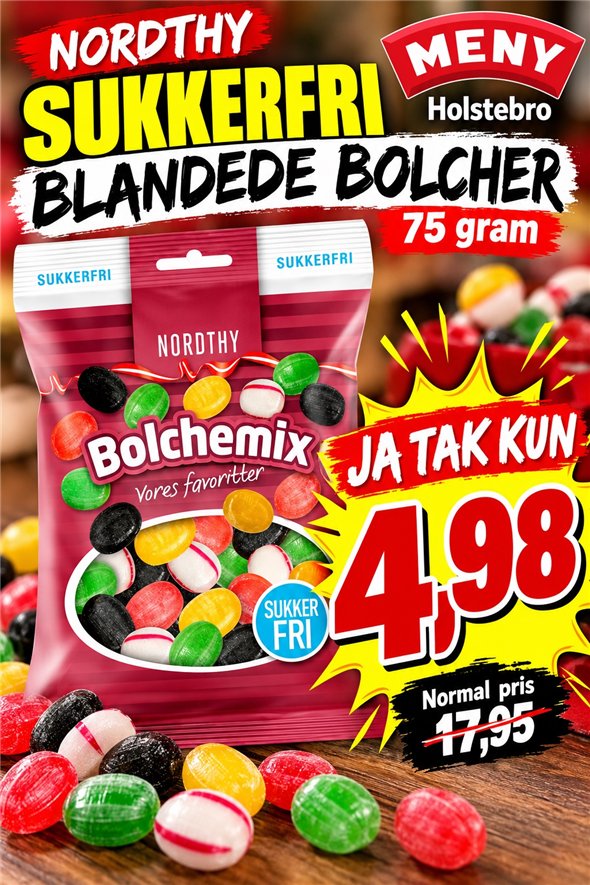 NORDTHY SUKKERFRI BLANDEDE BOLCHER AFHENTNING LØRDAG OG SØNDAG KL 7-21 PÅ TORVET OVERFOR MÆLKEKØLEREN